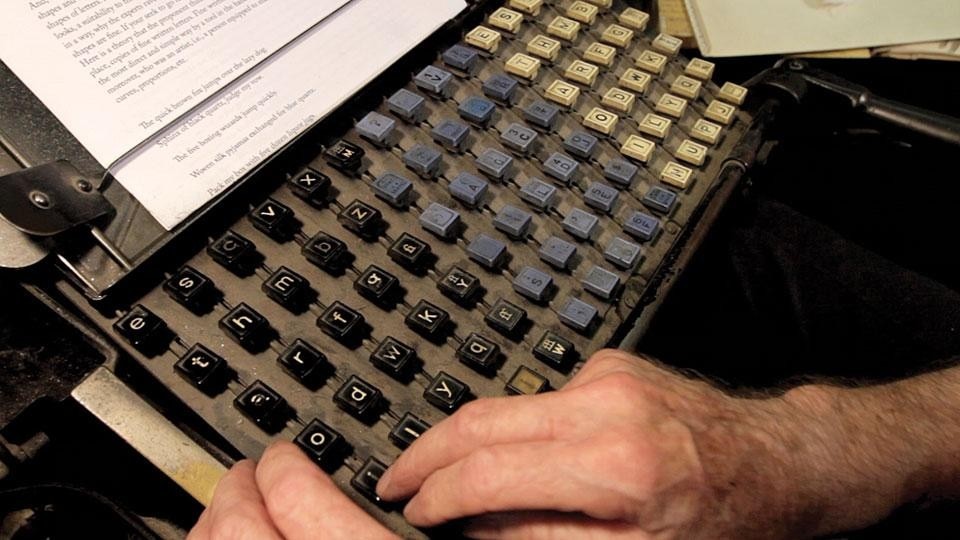 Top: Linotype operator Guy Trower working at a Linotype in Springfield, Missouri. Above: The Linotype has a unique 90-key keyboard