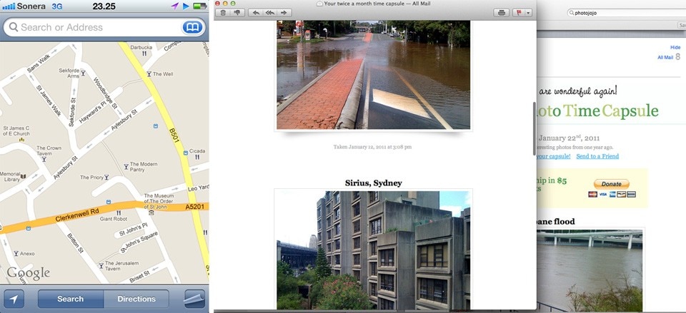 Left: iPhone and iPad maps inadvertently evoking memories. Right: The PhotoJoJo Time Capsule service reminds you of your recent past 
