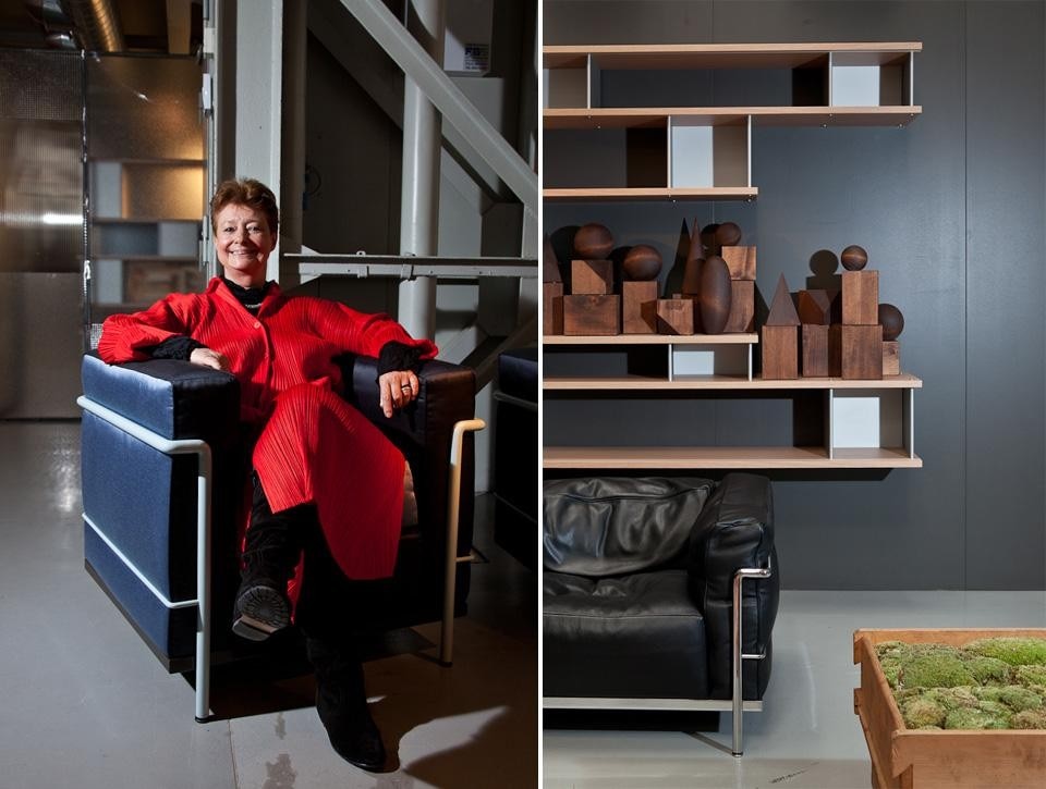 Left, Pernette Perriand. Right, Charlotte Perriand, <em>Nuage</em> series of bookshelves and cabinets, reissue by Cassina 