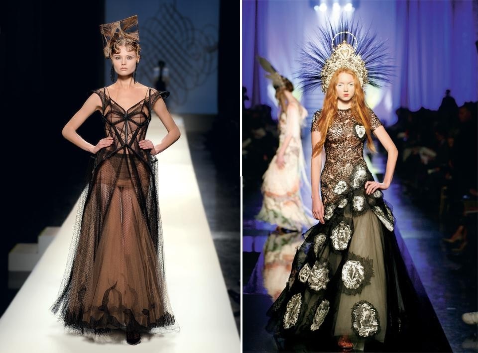 Left, Jean Paul Gaultier, <em>Calligraphy</em> collection, "Labyrinth" gown. 
Haute couture spring/summer 2009.
© Patrice Stable/Jean Paul Gaultier. Right, <em>Virgins (or Madonnas) </em>collection, “Dolorès” gown.
Haute couture spring/summer 2007.
© Patrice Stable/Jean Paul Gaultier