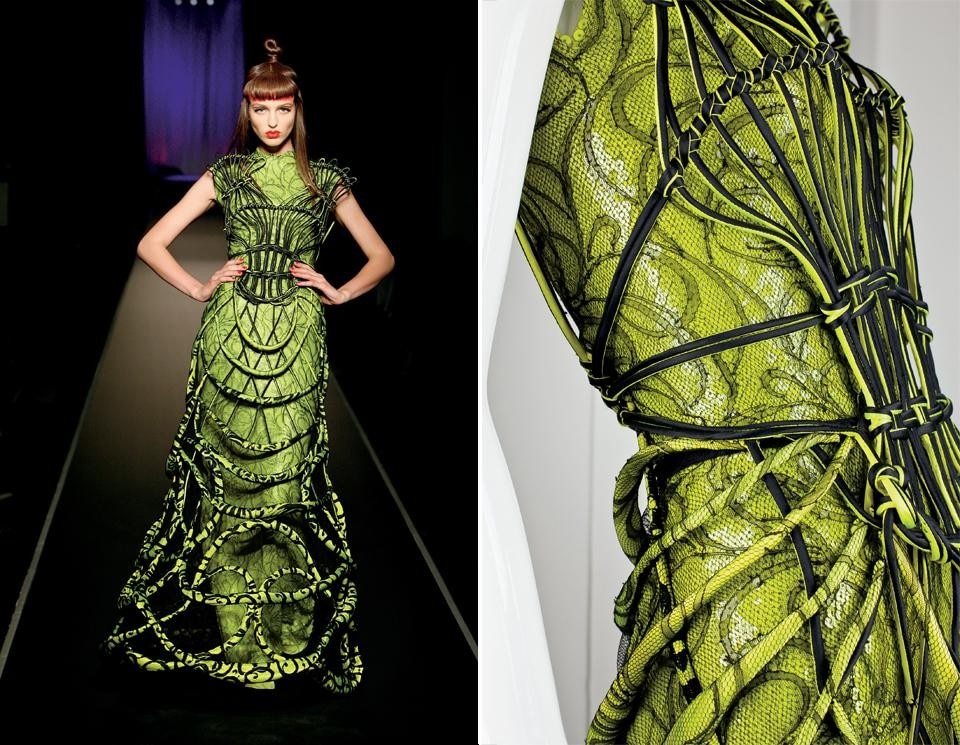 Top: Pierre et Gilles, <em>The Virgin with the Serpents (Kylie Minogue)</em>, 2008.
<em>Virgins (or Madonnas)</em> collection, “Auréole” gown, Haute couture spring/summer 2007.
© Pierre et Gilles. Courtesy Galerie Jérôme de Noirmont, Paris. Above: Jean Paul Gaultier, <em>Cages</eM> collection, "Calligraphie" gown.
Haute couture, fall/winter 2008-2009.
© Patrice Stable/Jean Paul Gaultier Top: Pierre et Gilles, <em>The Virgin with the Serpents (Kylie Minogue)</em>, 2008.
<em>Virgins (or Madonnas)</em> collection, “Auréole” gown, Haute couture spring/summer 2007.
© Pierre et Gilles. Courtesy Galerie Jérôme de Noirmont, Paris. Above: Jean Paul Gaultier, <em>Cages</eM> collection, "Calligraphie" gown.
Haute couture, fall/winter 2008-2009.
© Patrice Stable/Jean Paul Gaultier