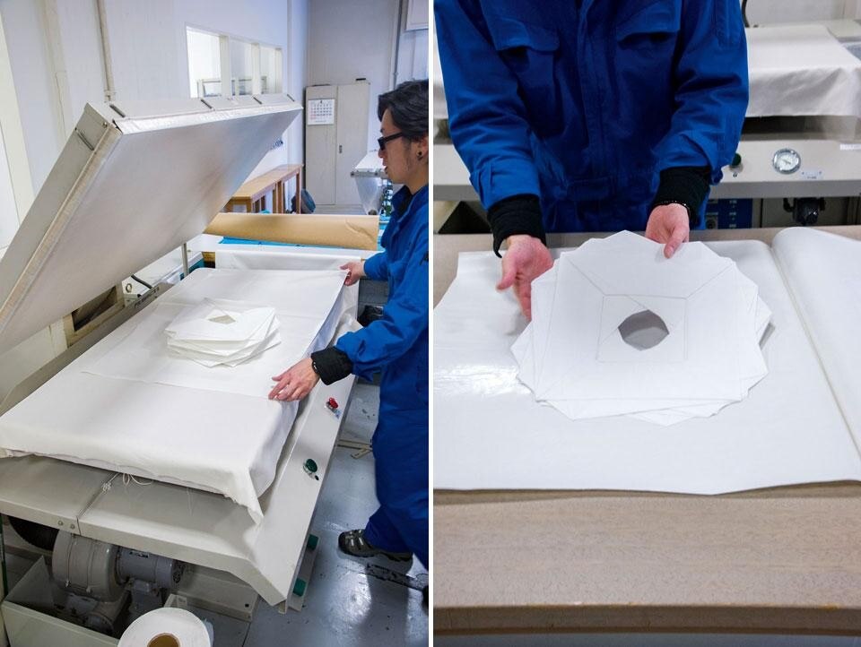 The folded shade
is pressed in the pressing
machine The folded shade
is pressed in the pressing
machine