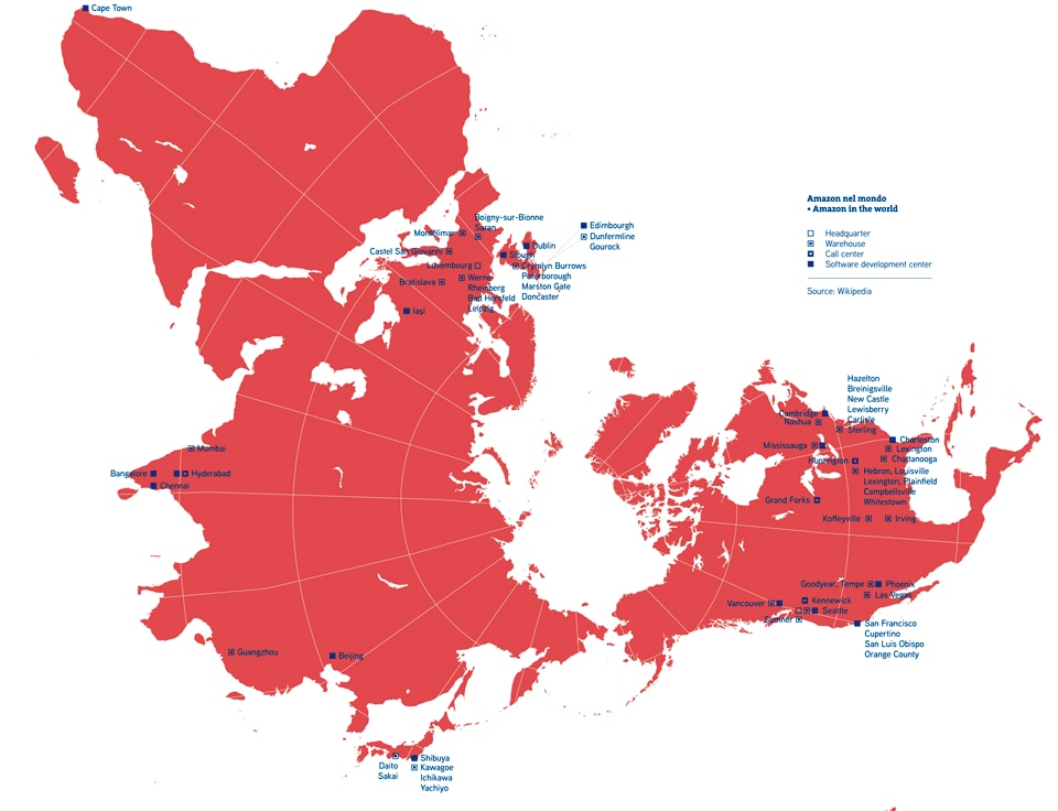 World map showing the Amazon infrastructure, with depots, warehouses, headquarters, call centres and software development centres. Infographic by Simone Trotti