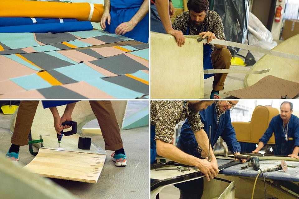 Marino Mansutti and Martino Gamper working on the pieces selected for the show at HangarBicocca, titled "Metamorfosi_Behind, After or Beyond". Gamper reinterpreted seating designs by Moroso via the concept of metamorphosis—modifying their shapes and upholstery fabrics. Photo Giuliana De Luca