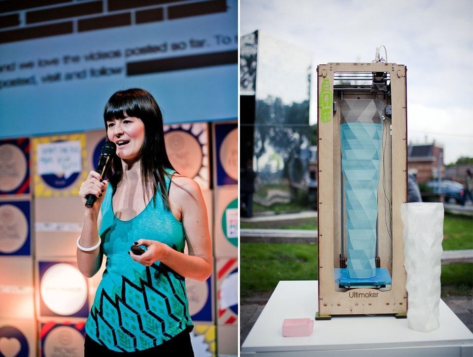 Left, open internet advocate Elisabeth Stark during her lecture. Right, a 3D printer at Picnic 2012.