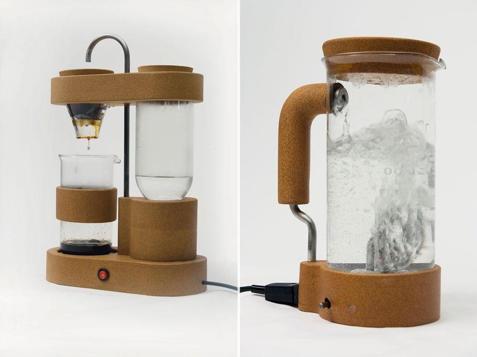 Kettle and coffee-maker from
the <em>Short-Circuit</em> collection,
designed by Gaspard Tiné-
Berès in collaboration with
the London-based Bright
Sparks and made of cork
and borosilicate