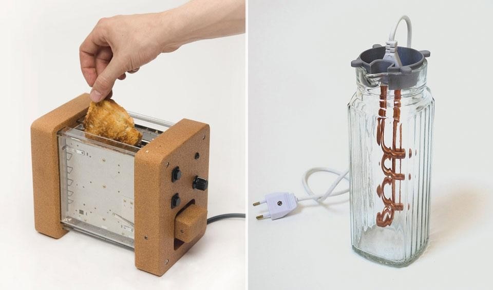 Left, Toaster from
the <em>Short-Circuit</em> collection,
designed by Gaspard Tiné-
Berès in collaboration with
the London-based Bright
Sparks and made of cork
and borosilicate. Right, Jesse Howard, Kettle, from the <em>Transparent Tools</em> series