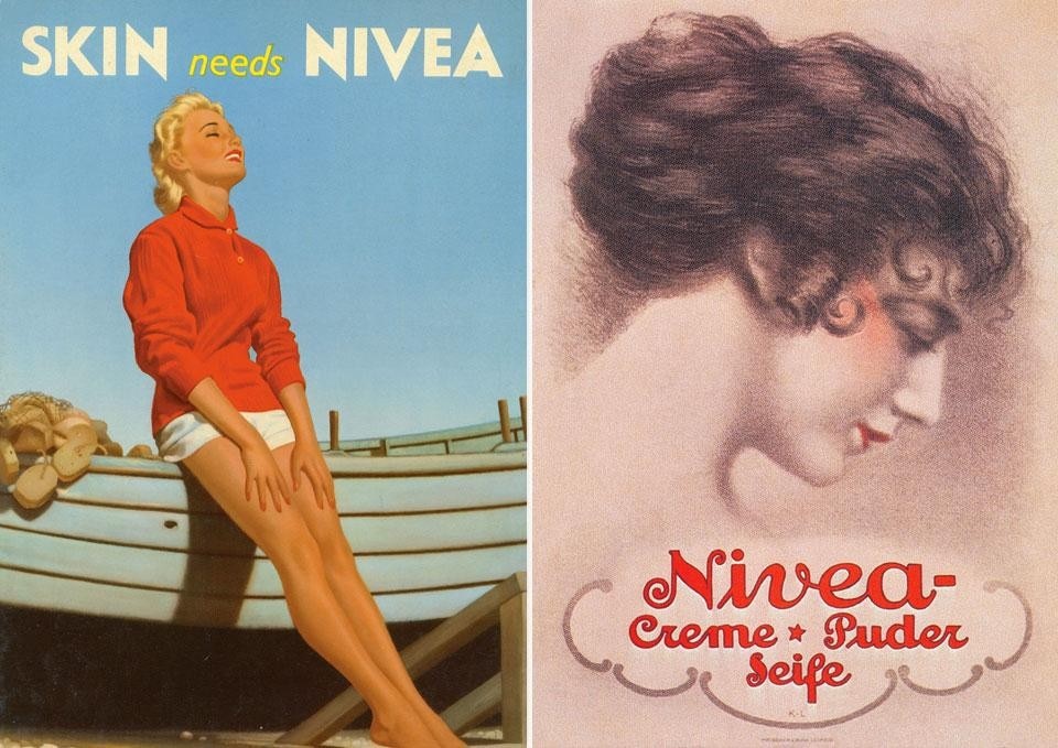 Left, Nivea poster, United Kingdom 1950. Right, Nivea advertising during the 1910s