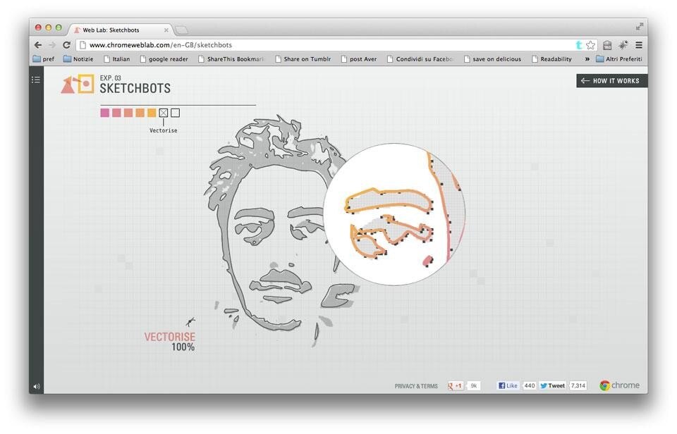 Google Web Lab, <em>Sketchbots</em>: a CNC printer draws a face in the sand from a photo taken by a webcam somewhere in the world