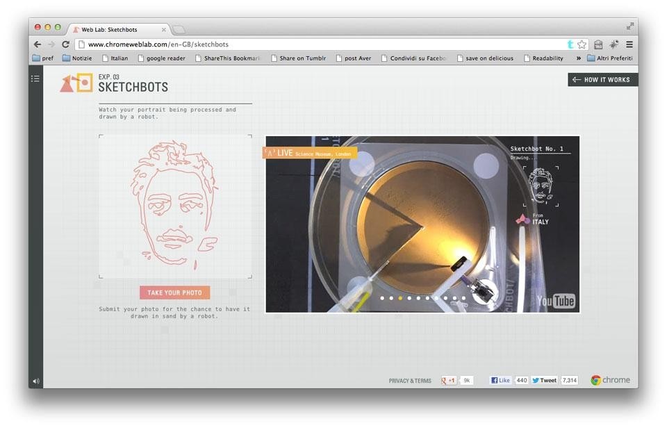 Google Web Lab, <em>Sketchbots</em>: a CNC printer draws a face in the sand from a photo taken by a webcam somewhere in the world