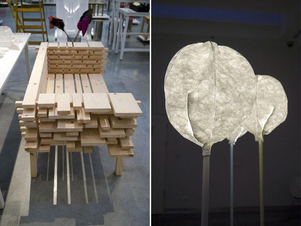 Left: Allt Studio, <em>Lowstack bench</em>, 2011. Right: Bevk Perovic Arhitekti, <em>Smoke</em> standing lamp series, 2009