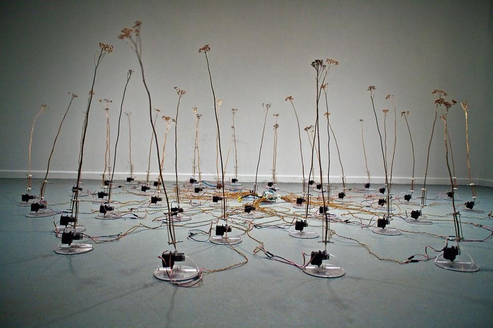 Projects and
installations for Interieur
2012. The kinetic
installation <em>Tele-Present
Wind</em> by David Bowen,
in which sensors detect
information on the intensity
and direction of the wind