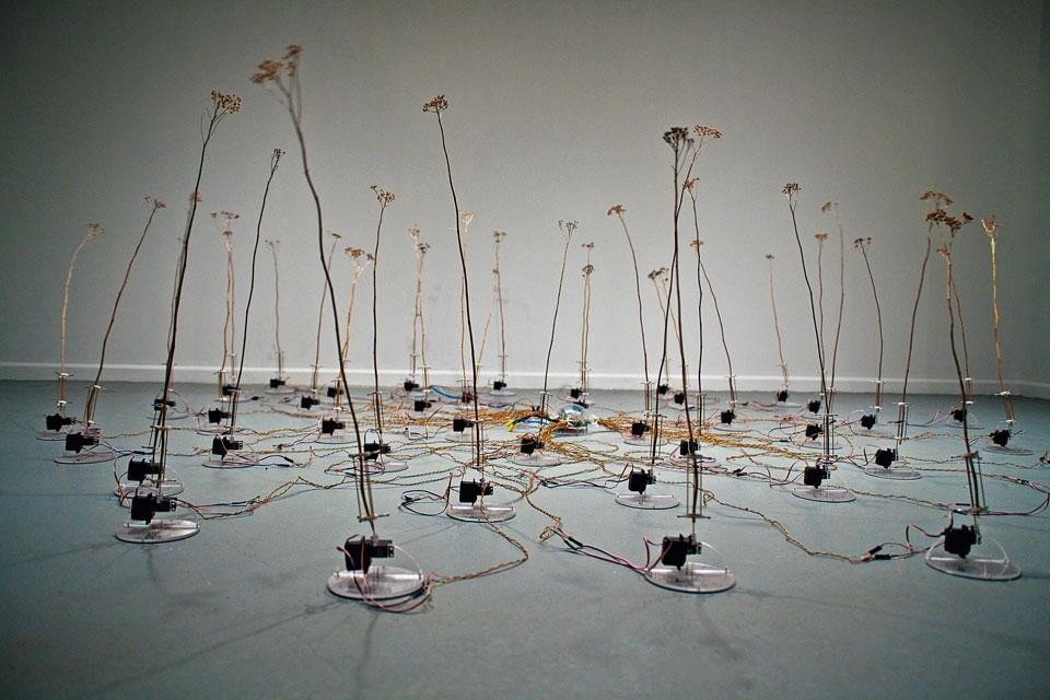 Projects and
installations for Interieur
2012. The kinetic
installation <em>Tele-Present
Wind</em> by David Bowen,
in which sensors detect
information on the intensity
and direction of the wind