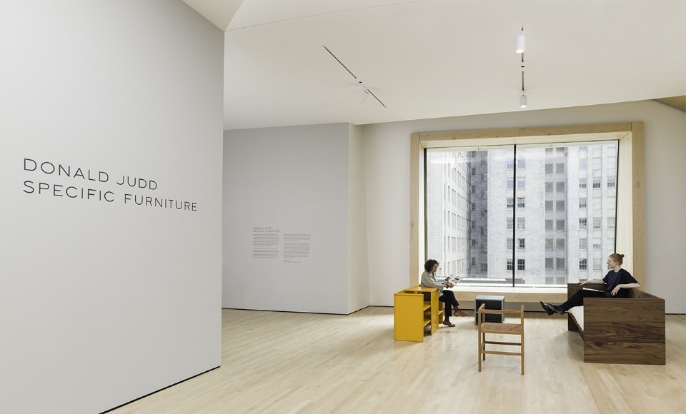 Newly fabricated Donald Judd furniture for visitor use outside Donald Judd Specific Furniture, 2018 (installation view, SFMOMA). Photo Katherine Du Tiel