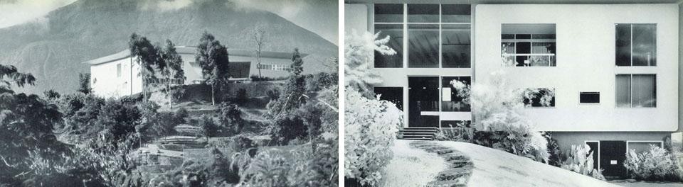 Left:The natural environment in which the house stands is on top of a <i>‘cerrito’</i> (a small  hill). On the <i>‘cerrito’</i> around the house, the garden was not designed but created with a wonderful collection of trees and tropical flowers chosen by the clients themselves who have a great love for these things and are very knowledgeable about them. Right: the facade towards Caracas