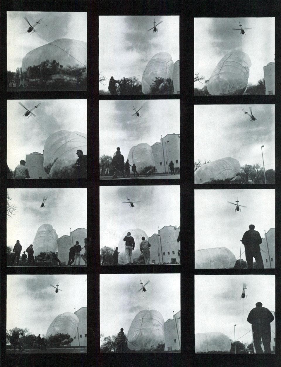 The approximate size of the inflated package was 32 x 64 feet – in scale with the buildings ali around. The approximate size of the inflated package was 32 x 64 feet – in scale with the buildings ali around.