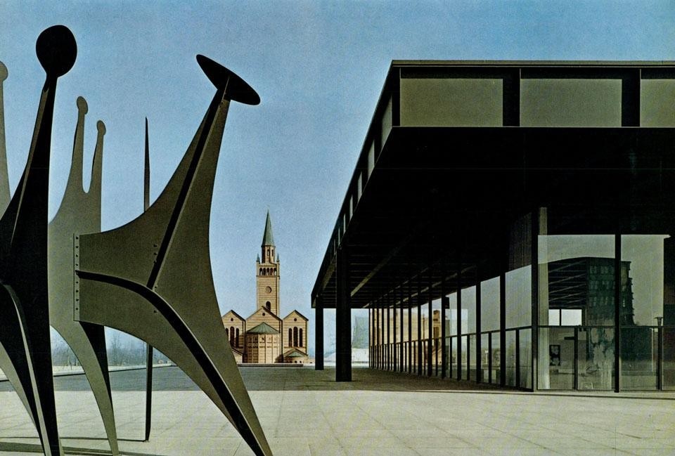 The large platform on the side of the court, and a large Calder <i>stabile</i>; the Matthaikirche in the background.