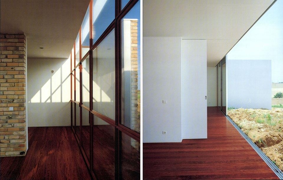 Left: the entrance hall, with, left, a piece of the courtyard wall penetrating the house. Right: the sliding door separating the dining area from the living room; right, the sliding wall can be opened all the way across.