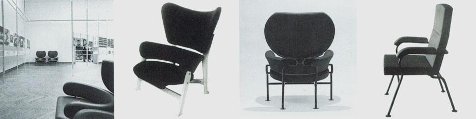 The Three Piece chair at the exhibition on Franco Albini, 34th Venice Biennale, 1968. Version with walnut frame. Version with larger backrest. Commissioners's chairs in the Genoa City Council Chamber, 1955 (with Franca Helg).