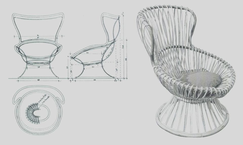 Margherita armchair in raftan cane presented at the 9th Milan Triennale of 1951.
