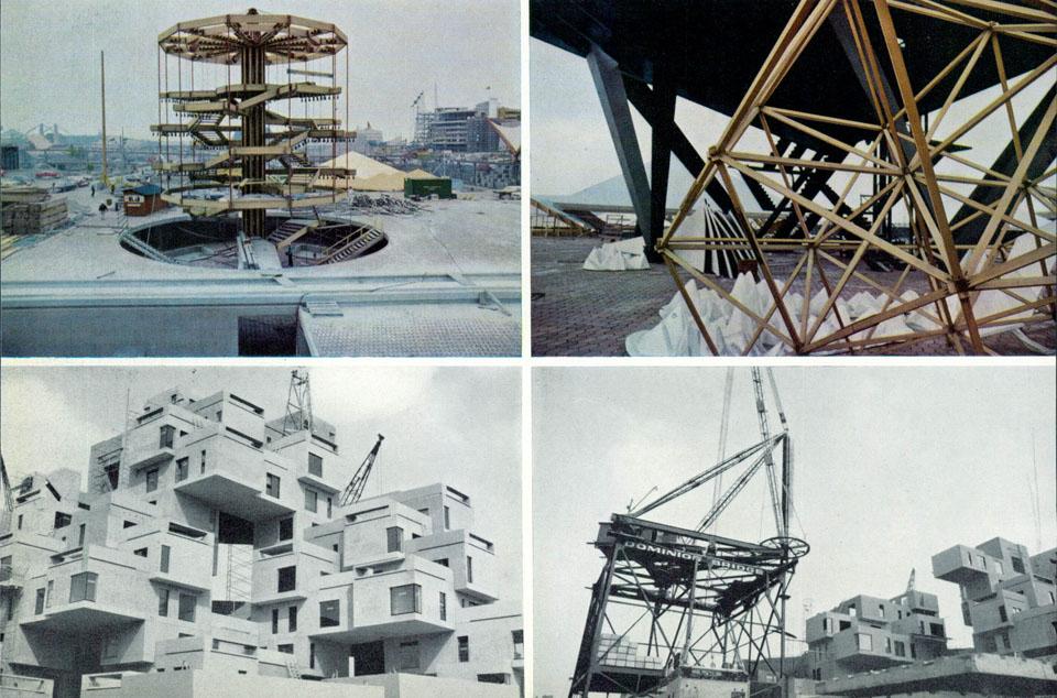 Habitat '67:  a pile of units designed for Montreal by the young Israeli architect Moshe Safdie, as part of his thesis. The complex of dwellings (160 apartments) consists of 354 boxes made of pre-stressed concrete, pre-cast and positioned in place by a crane, fully equipped with facilities and equipment. Photo by Charles Eames.