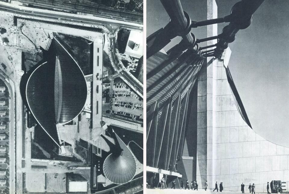 Left: birds-eye view of Kenzo Tange's two stadiums built for the 1964 Tokyo Olympic Games, the Swimming Stadium to the left and Basketball Stadium to the right. Right: view of one of the main cables that holds up the roof, stretched along the longitudinal axis of the building between two huge concrete pillars.