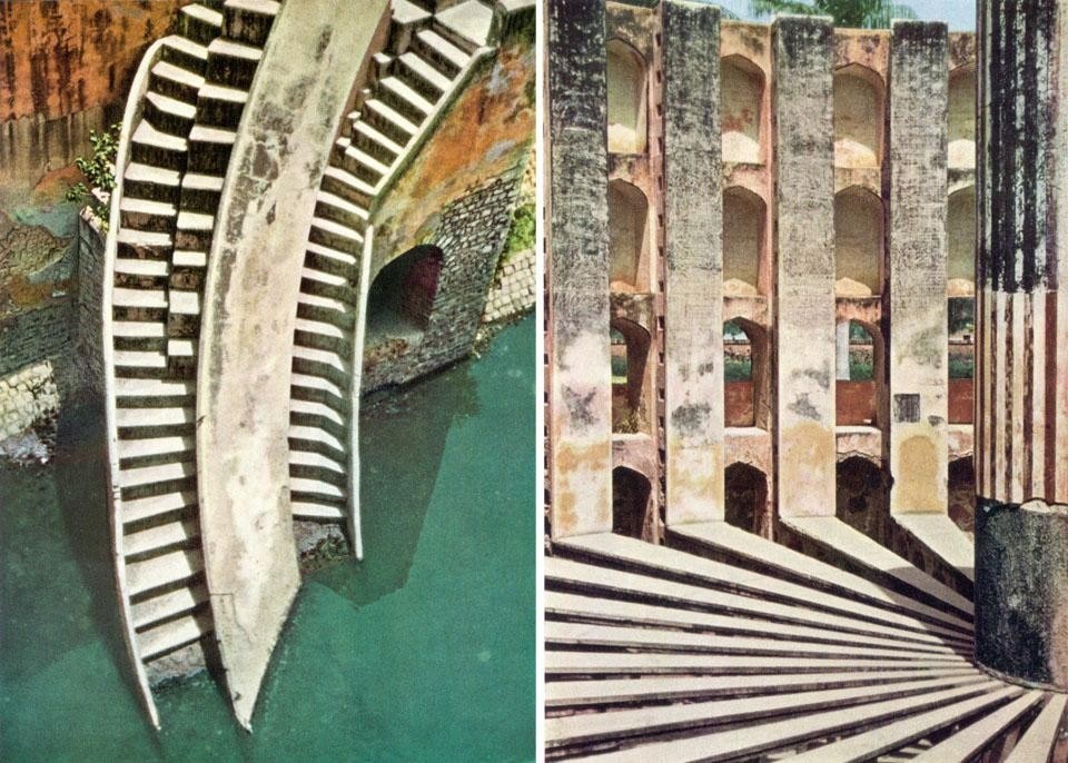 Interior views of the round Jantar Mantar buildings used to measure the revolutions of the sun, moon and stars. Gathered side by side on a lawn, these huge stone instruments have a beauty that is neither scenography nor sculpture.