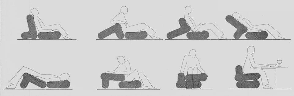 The many possible positions of the <i>Multichair</i> consisting in two upholstered elements which hook together.