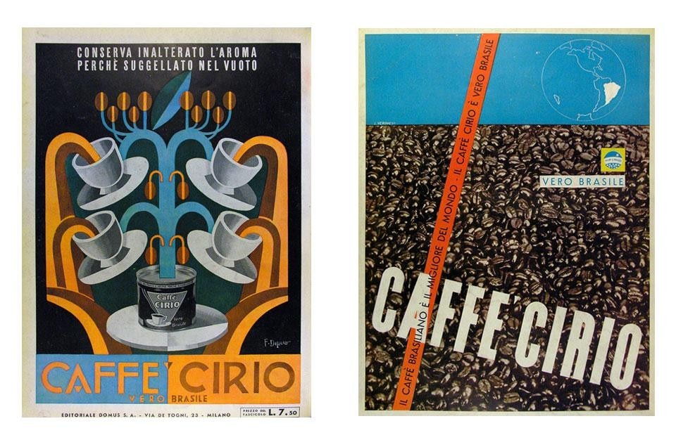Left, Fortunato Depero, <em>Caffe Cirio</em>, 1936. Right, Veronesi, <em>Caffé Cirio</em>, 1938
