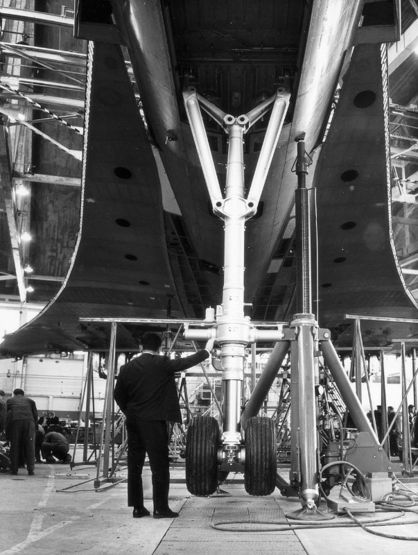 The Concorde 001 prototype in the hangar at Toulouse Blagnac airport. Photo by Sud-aviation, 1967