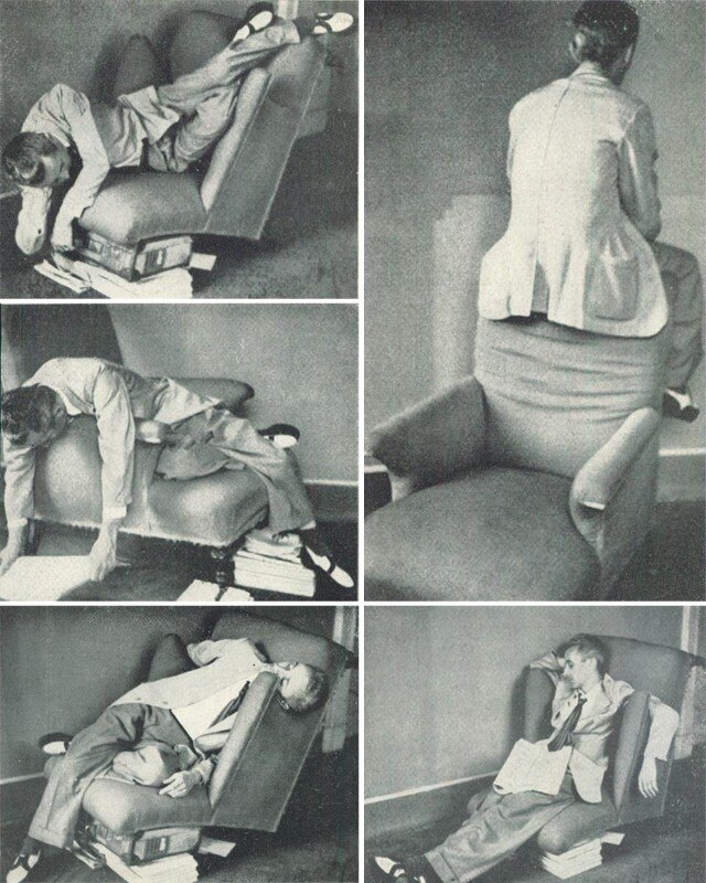 <em>One comes home tired from working all day and finds an uncomfortable chair</em>. Domus 202 / October 1944 page detail