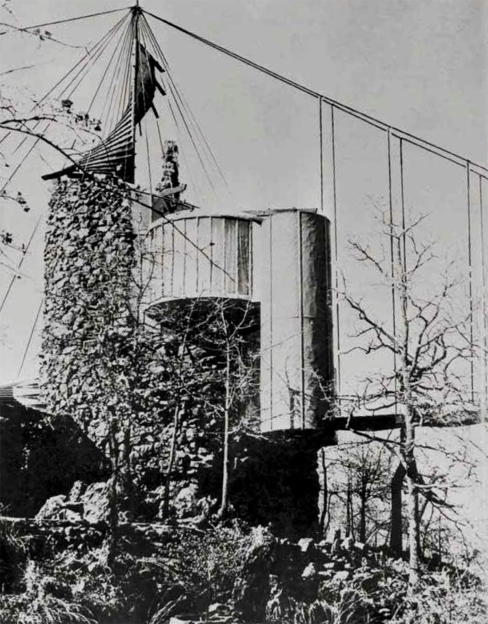 The Bavinger House satisfies all of Goff's theoretical principles; it was designed in 1950 and built between 1951 and 1955 in Norman, Oklahoma for the artist couple Eugene and Nancy Bavinger