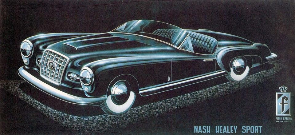 Two-seat <em>Nash-Healy roadster spider</em>, presentation drawing. Variation designed by Adriano Rabone, 1951