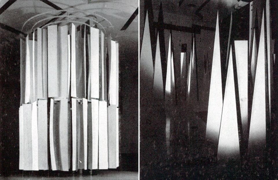 Domus 428 / July 1965 page detail. Left, Bruno Munari, <em>Espressione</em> installation view. Right, Gio Ponti, <em>Espressione</em> installation view
