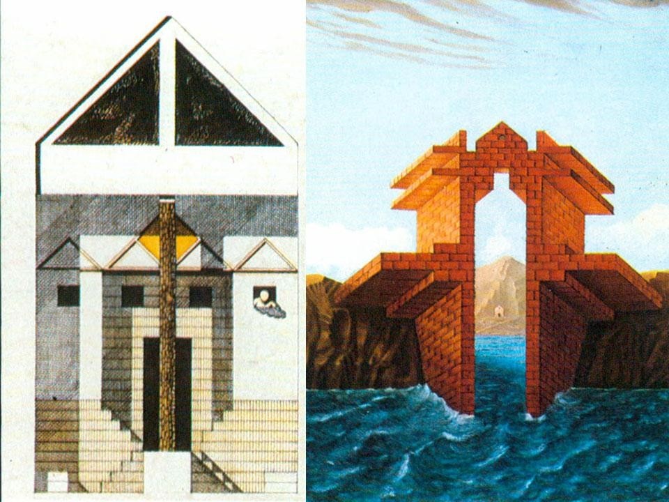 Domus 605 / April 1980 page details. 1st International Architecture Exhibition, <em>The Presence of the Past</em>. Left, a drawing by Franco Purini and Laura Thermes; right, a drawing by Massimo Scolari