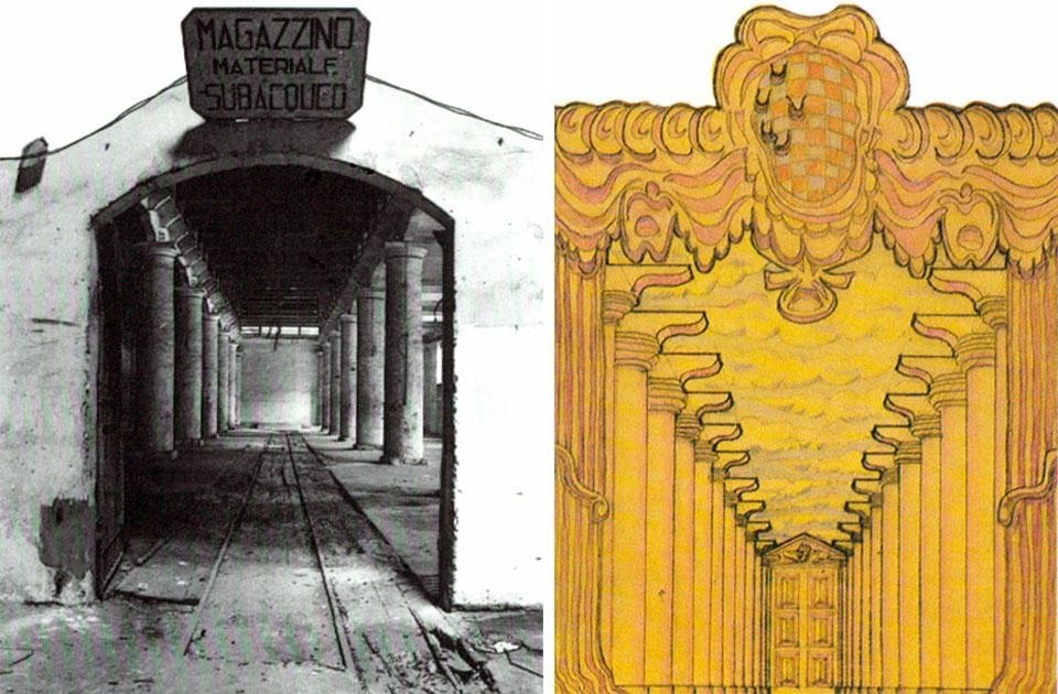 Domus 605 / April 1980 page details. 1st International Architecture Exhibition, <em>The Presence of the Past</em>. Left, the Arsenale's <em>Corderie</em> before renovation; right, a drawing by Stanley Tigerman