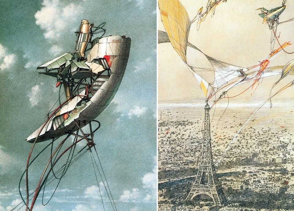 Two pencil drawings of <em>Aerial Paris</em>, 1989