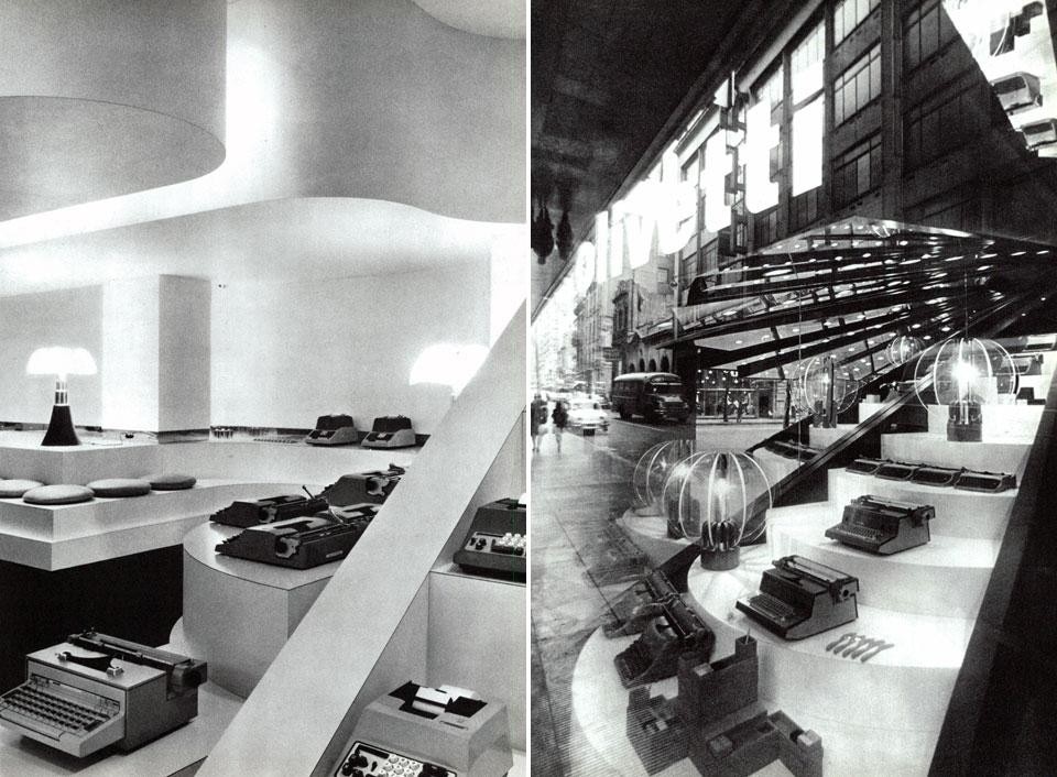 Olivetti store in Buenos Aires. The use of glass amplifies the reflexes achieved with the mirrors inside. From the pages of Domus 466 / September 1968