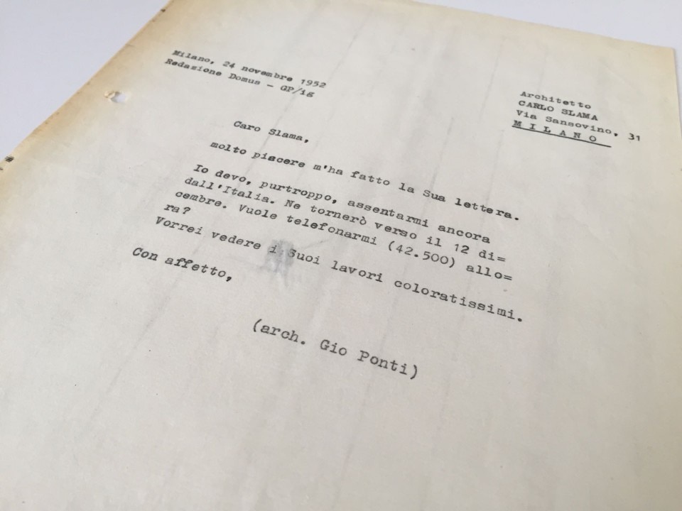From the archive, letter exchange between Gio Ponti and architect Carlo Slama, 1952 From the archive, letter exchange between Gio Ponti and architect Carlo Slama, 1952