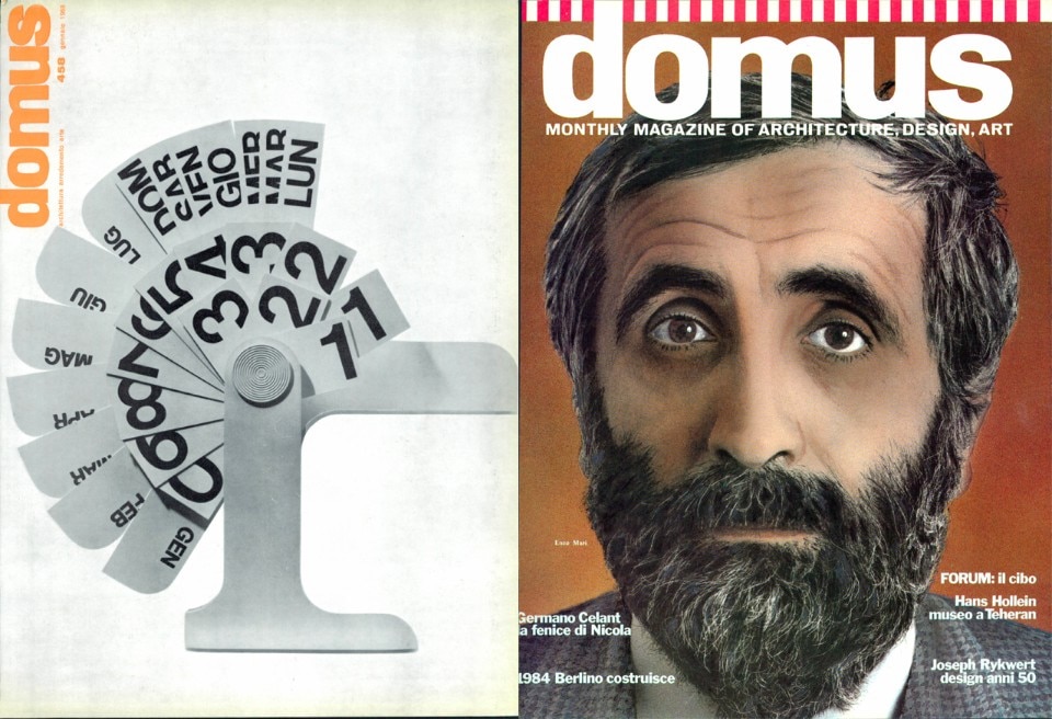 Domus covers dedicated to Enzo Mari. Left: calendar for Danese, Domus 458, 1968. Right: Enzo Mari's portrait, Domus 607, 1980
