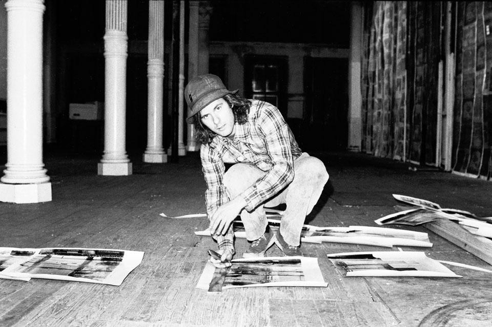 Gordon Matta-Clark installing <i>Walls Paper</i>,, 1972 at 112 Greene Street. Photograph by Cosmos Andrew Sarchiapone.