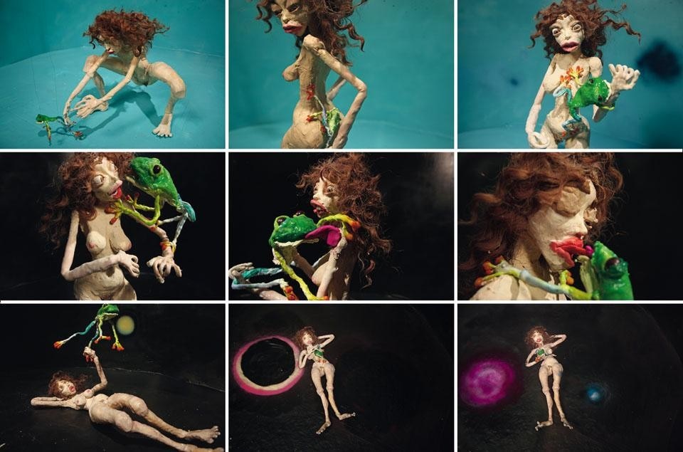 Nathalie Djurberg, <i>Untitled</i>, 2010 (clay animation, music by Hans Berg; 6:05 minutes; ed.: 4, II). 
The characters of the video – on view on 2010 at the Galleria Giò Marconi in Milan in conjunction with the exhibition “Snakes knows it’s Yoga” – are a woman and 
a frog. They refer to a shamanic ritual: by licking a poisonous frog, the shaman enters the world of the spirits. 
Untitled will be shown, from 
5 March to 1 May 2011, at the Boijmans Van Beuningen Museum in Rotterdam. Courtesy of Giò Marconi, Milano