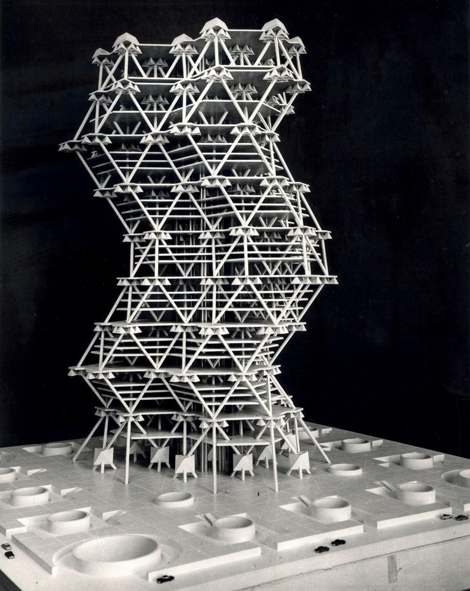 The City Tower, designed by
Louis Kahn with Anne Tyng in
Philadelphia (1952–1957) and
never realised, is a geodesic
skyscraper, stabilised by
tetrahedronal concrete floors.
