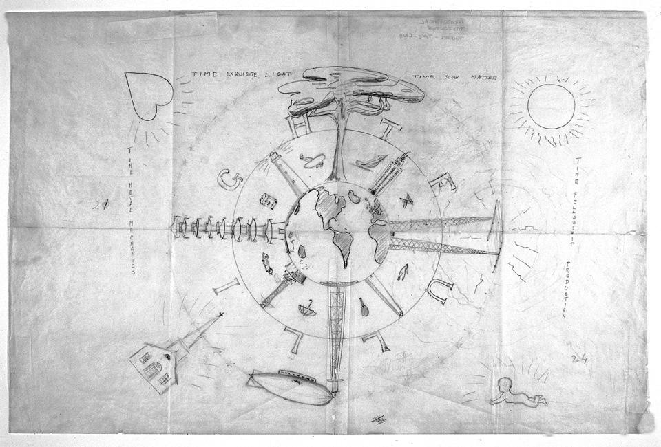 Fuller's mystical, mysterious mandala, 1928. Courtesy of Estate of R. Buckminster Fuller and Stanford University Libraries, Special Collections, R. Buckminster Fuller Collection. Fuller's mystical, mysterious mandala, 1928. Courtesy of Estate of R. Buckminster Fuller and Stanford University Libraries, Special Collections, R. Buckminster Fuller Collection.