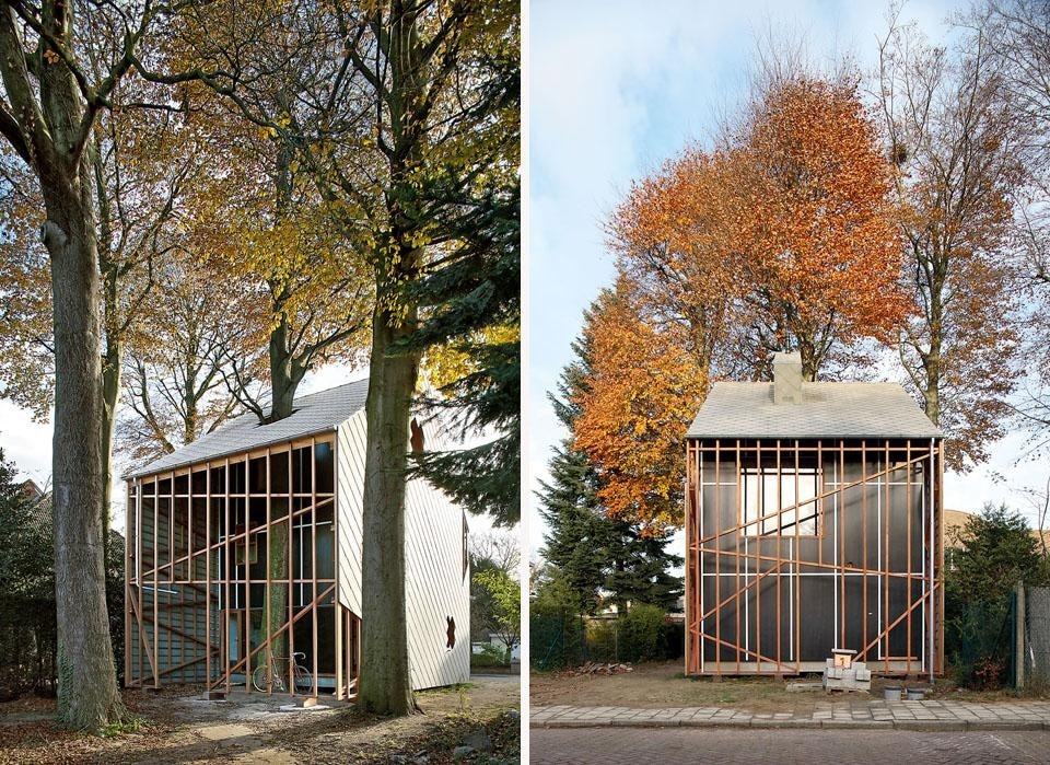 House Bern Heim Beuk. The project follows the
concept of a house within
a house, with the outer
shell enveloping a dwelling
proportioned to the needs
of its inhabitants. The beech
tree incorporated into the
outer shell is mirrored by
a man-made mate inside: a
central pillar of concrete in
the form of a tree