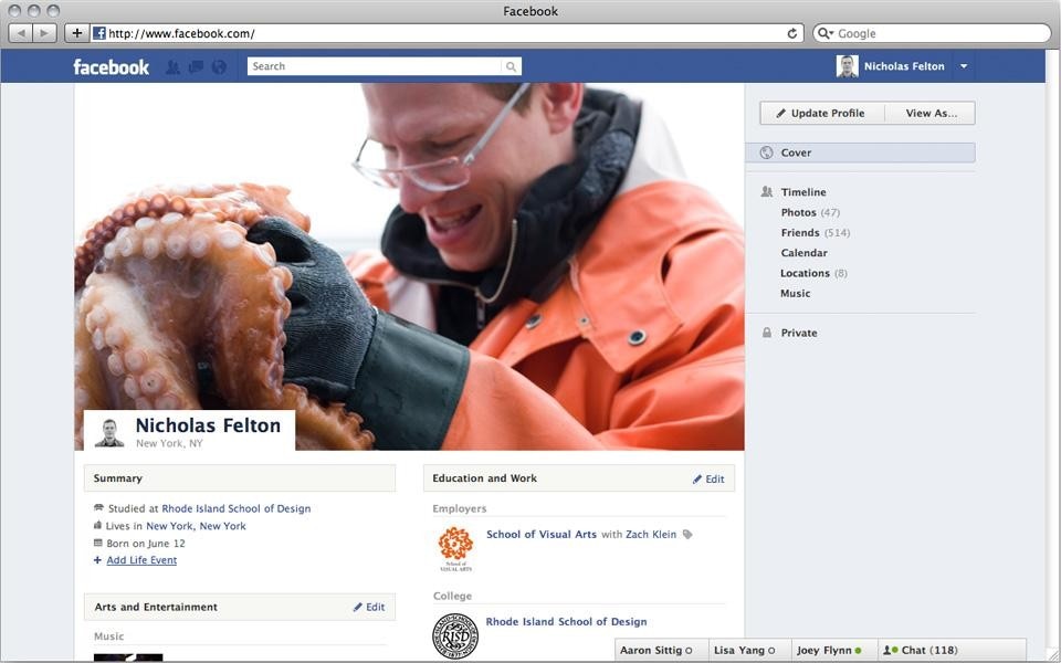 Facebook Timeline, early mock-up by Felton and team. The “Profile” state indicates different treatment of profile picture, no integration of advertising and a right-hand navigation based on content categories rather than chronology Facebook Timeline, early mock-up by Felton and team. The “Profile” state indicates different treatment of profile picture, no integration of advertising and a right-hand navigation based on content categories rather than chronology