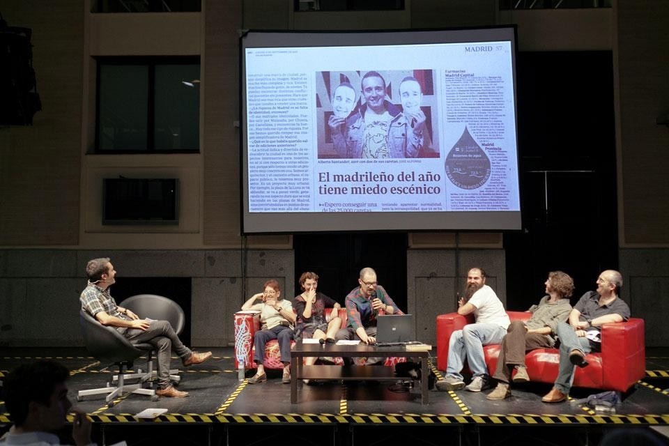 From left: Andres Jaque (Piensa Madrid co-curator), Nita García (neighbourhood representative), Begoña Marugán (sociologist), Carmelo Rodríguez (architect, PKMN), Manuel Pascual (architect, Zuloark), Jordi Claramonte (philosopher, Centro Social Autogestionado La Tabacalera), Agustín López (president of Madrid's LGBT collective COGA)