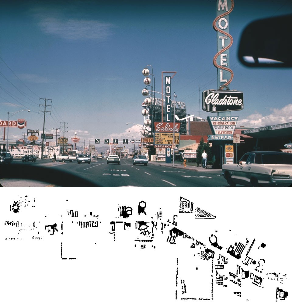 Top: Las Vegas Strip, 1968. Photo by VSBA. Bottom: Building footprints on the Las Vegas Strip, 1968