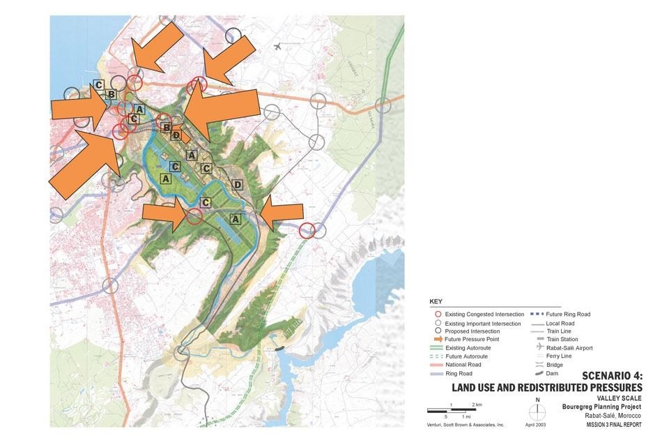 VSBA, <em>Land use and redistributed pressures study, Bouregreg Valley</em>, Morocco, 2003. <strong>A</strong> How were Scenario 4 decisions on
activities, land uses, buildings and
landscapes in the Valley made, and
what is their relation to the existing
and proposed transportation facilities? <strong></strong>How will the proposed disposition of
land in the Valley relate to the need
to alleviate congestion at the city
centers and to protect patrimony?
Scenario 4 proposes the location of
major new commercial and cultural
activities in areas that are already
congested. How will these areas
accommodate the even greater
numbers of persons who will need to
gain access to the new facilities? <strong>C</strong> How will the land uses shown serve
different users and relate to various
means of access -- to pedestrian
paths, vehicular circulation, the pathways
of tourists, and the routes of
commuters between home and work
in the region? <strong>D</strong> How will activities and the scale of
development proposed for the northern
portion of the mixed-use area
relate to what is around them, for
example, the planned convention and
cultural center, the lake and park, and
the river? How will they relate to
rocade No. 3 and the projected growth
of Sala al Jadida and Plateau
d’Akrache?
