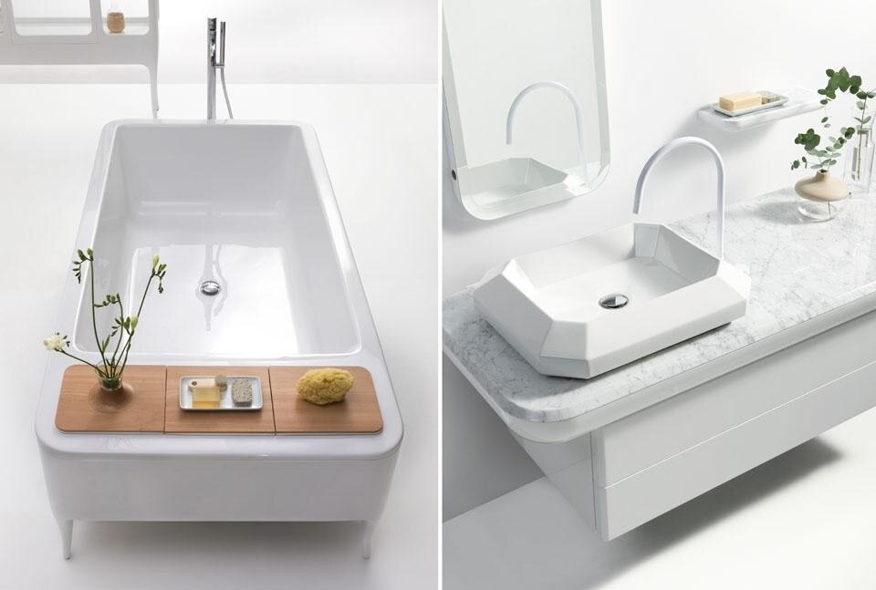 Left: White bath with floor standing single lever bath and shower mixer, built-in storage basins with beech lids, lid convertible in glass flower pot; right: white gloss lacquered hanging drawer with Carrara marble top, white
glazed ceramic washbasin and white gloss lacquered single lever basin mixer. Left: White bath with floor standing single lever bath and shower mixer, built-in storage basins with beech lids, lid convertible in glass flower pot; right: white gloss lacquered hanging drawer with Carrara marble top, white
glazed ceramic washbasin and white gloss lacquered single lever basin mixer.